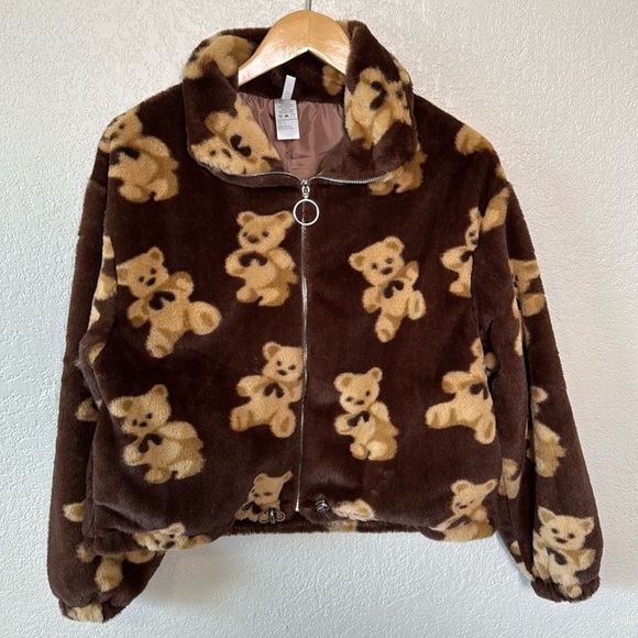 New Mix‎ Women's Medium Brown Teddy Bear Print Jacket Zip Up With Pockets NWT - Picture 1 of 7